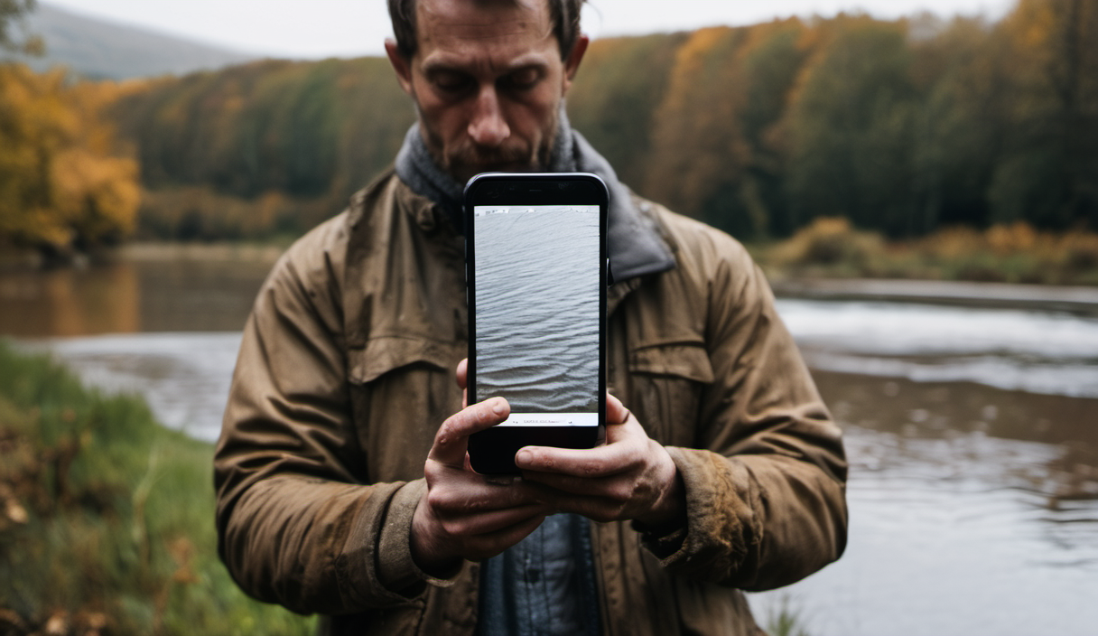 AI-generated image: A man is holding a smartphone in his hands, looking at the screen.