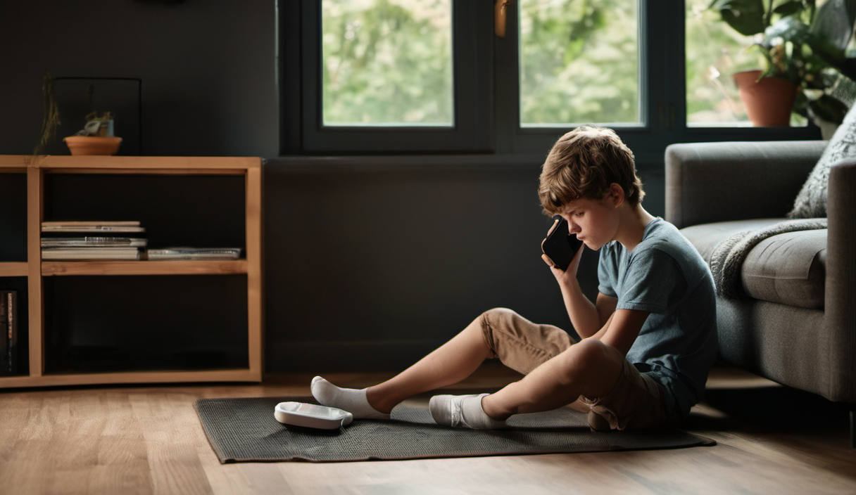 AI-generated image: A young boy is sitting on a black mat on a wooden floor.
