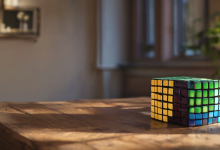 AI-generated image: A solved 54-piece Rubik's Cube is on a wooden table.