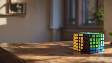 AI-generated image: A solved 54-piece Rubik's Cube is on a wooden table.