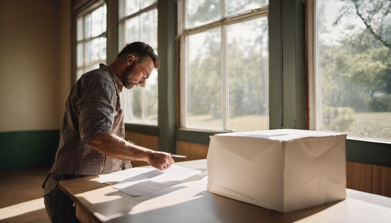 AI-generated image: A man is sitting at a wooden table with papers and a white box on it.