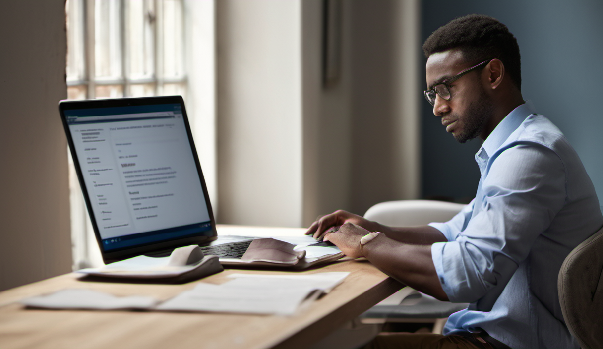 AI-generated image: A man is sitting at a wooden desk, working on a laptop.