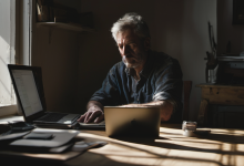 AI-generated image: A middle-aged man with gray hair and a beard is sitting at a wooden desk.