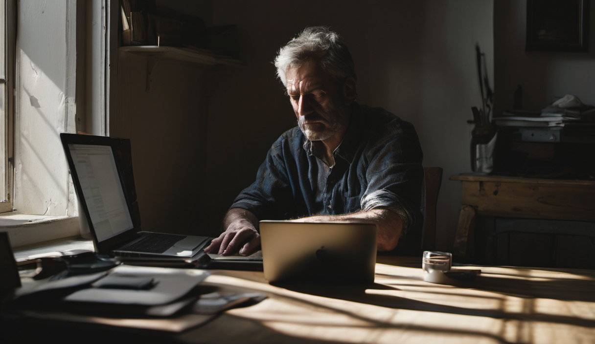 AI-generated image: A middle-aged man with gray hair and a beard is sitting at a wooden desk.