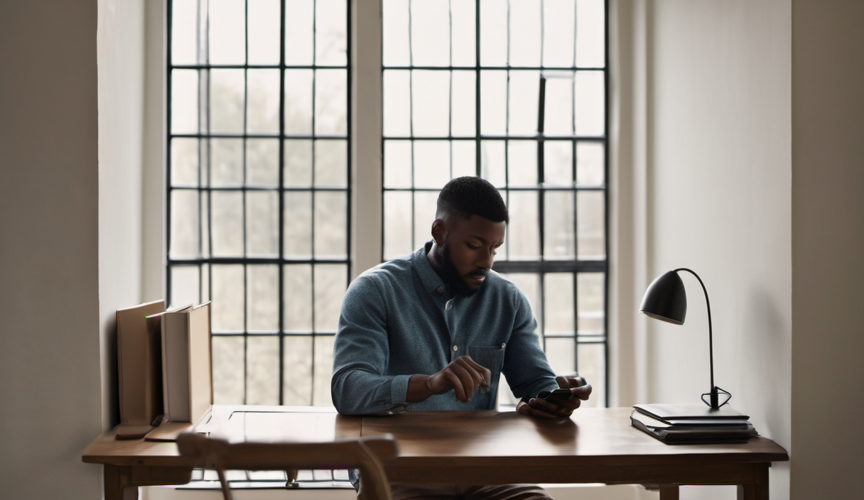 AI-generated image: A man with dark hair and a beard is sitting at a wooden desk.