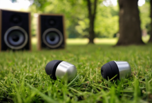 AI-generated image: Two black speaker boxes are placed on a green lawn.