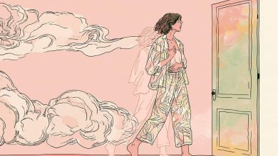 A woman in pajamas walks toward an open door, her ethereal trail reflecting the anxiety of decision-making amidst swirling clouds.
