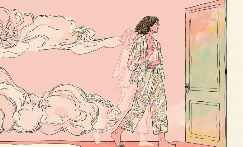 A woman in pajamas walks toward an open door, her ethereal trail reflecting the anxiety of decision-making amidst swirling clouds.