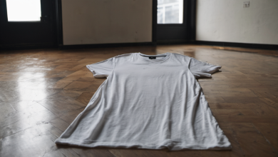 AI-generated image: A light grey t-shirt is lying on a wooden floor.