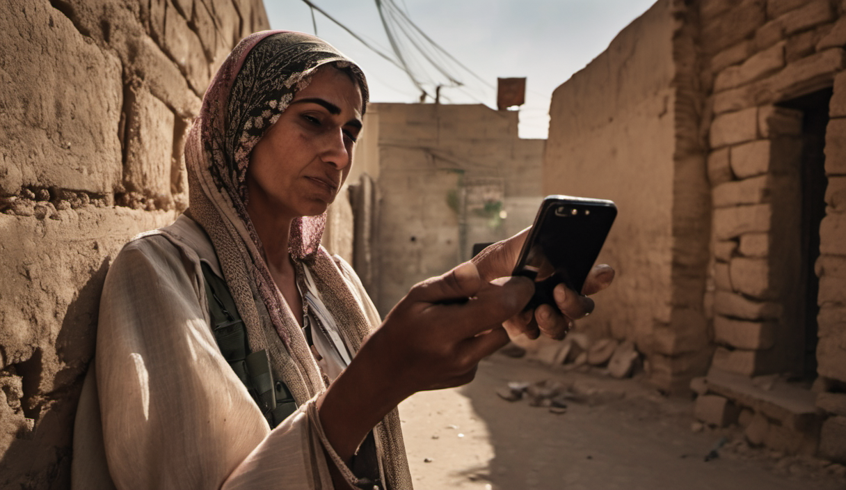 AI-generated image: A woman is leaning against a stone wall, holding a smartphone in her hands.