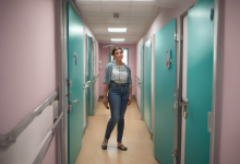 AI-generated image: A woman is standing in a long corridor.
