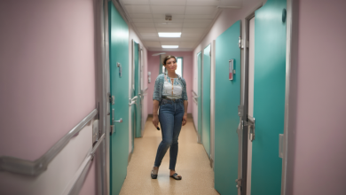 AI-generated image: A woman is standing in a long corridor.