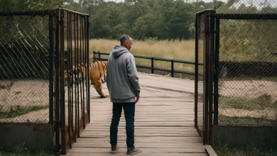 AI-generated image: The image shows a man standing on a wooden bridge.