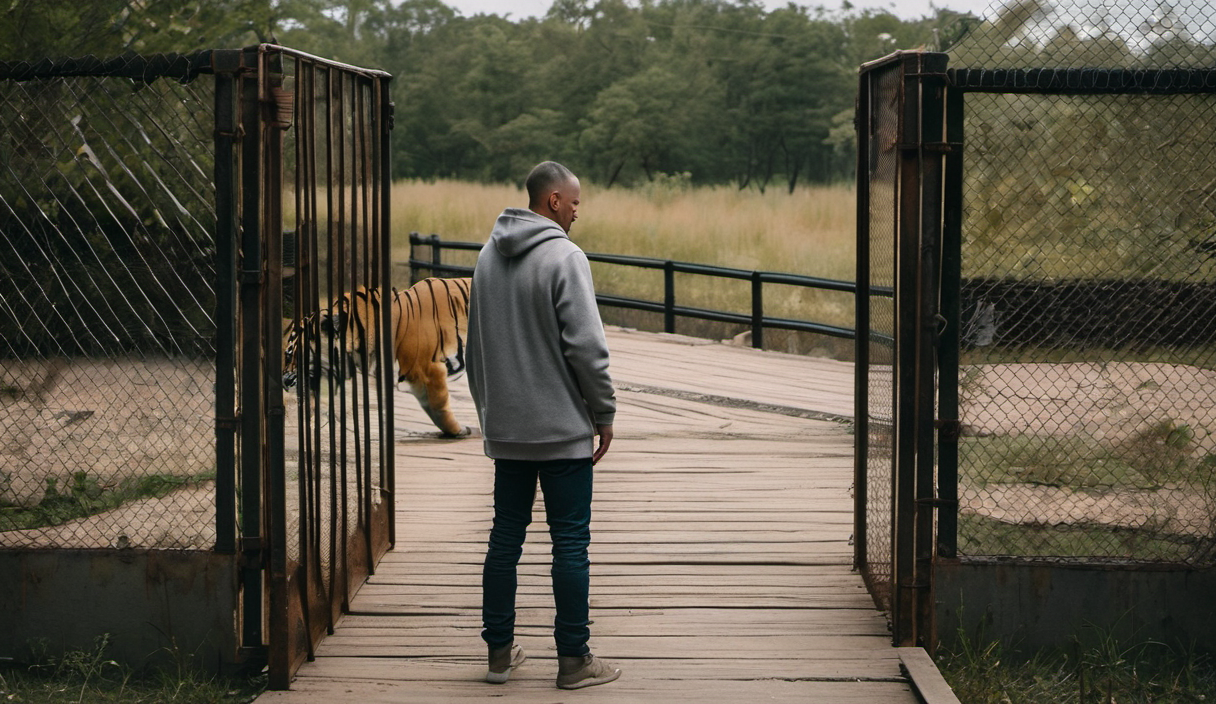 AI-generated image: The image shows a man standing on a wooden bridge.