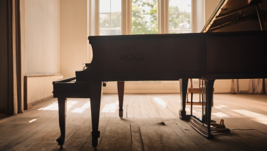 AI-generated image: A grand piano is the main foreground subject.