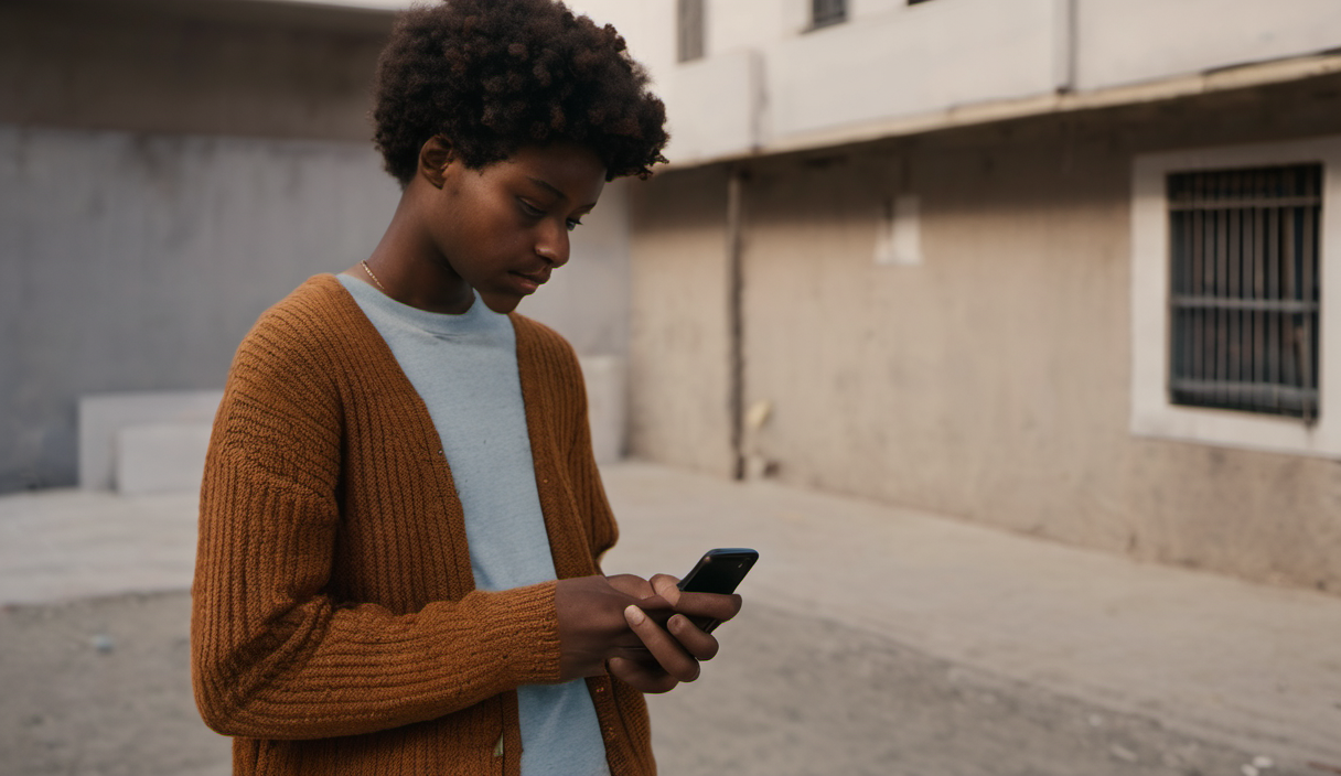 AI-generated image: A young Black person is standing outdoors, looking down at a smartphone.