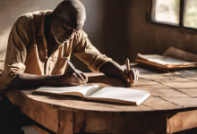 AI-generated image: A man with a shaved head and a weathered face is seated at a wooden table, writing in an open notebook with a pen.