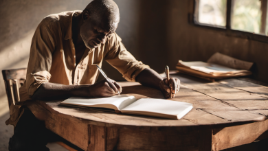 AI-generated image: A man with a shaved head and a weathered face is seated at a wooden table, writing in an open notebook with a pen.