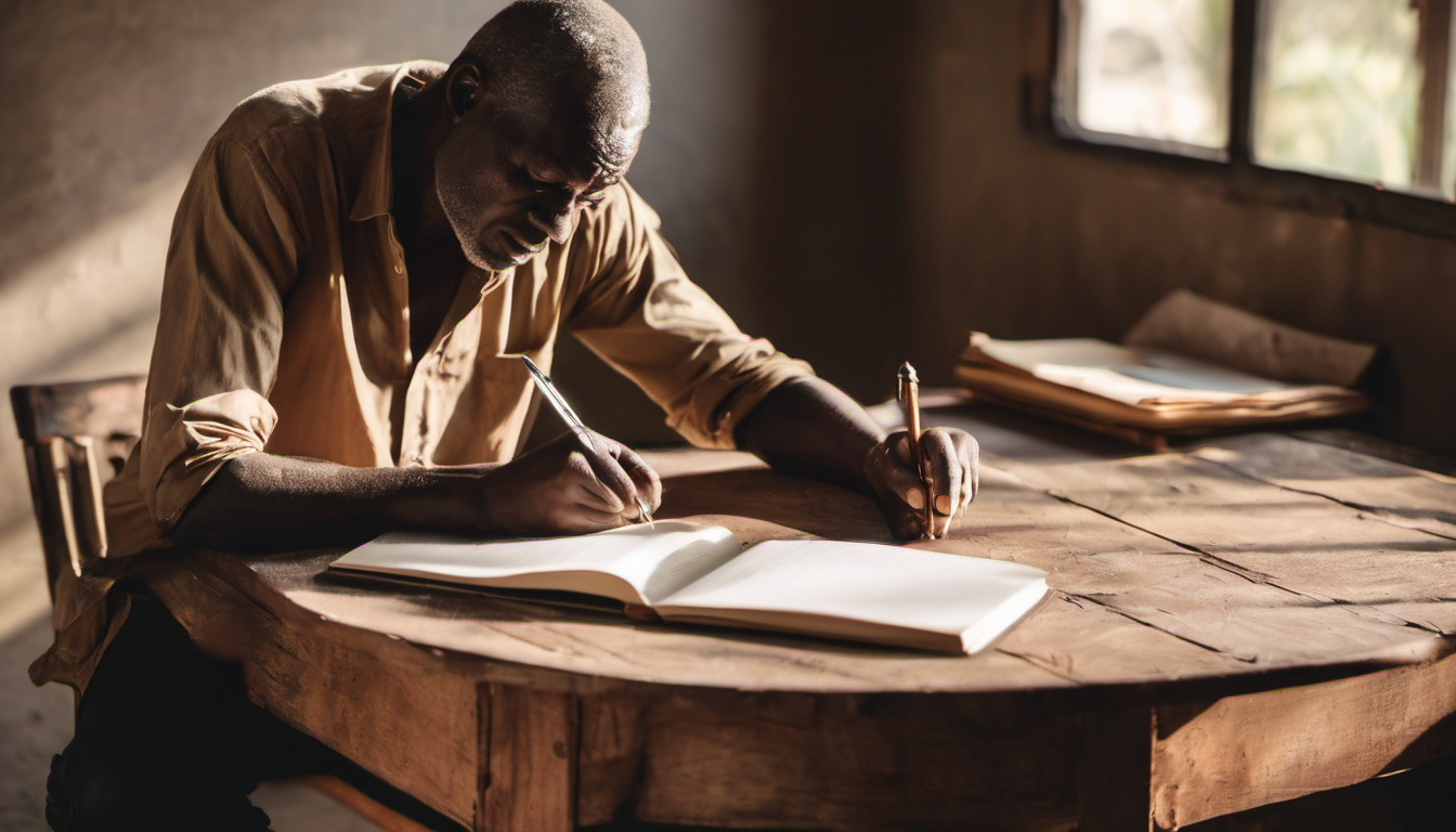 AI-generated image: A man with a shaved head and a weathered face is seated at a wooden table, writing in an open notebook with a pen.